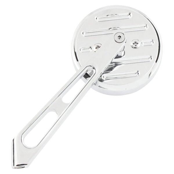 Mini-round aluminum mirror. Chrome, short stem, l&r
