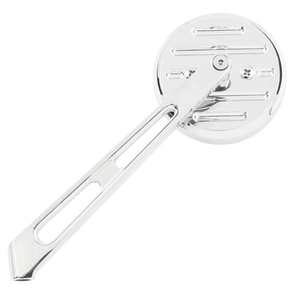 Mini-round aluminum mirror. Chrome, long stem, l&r