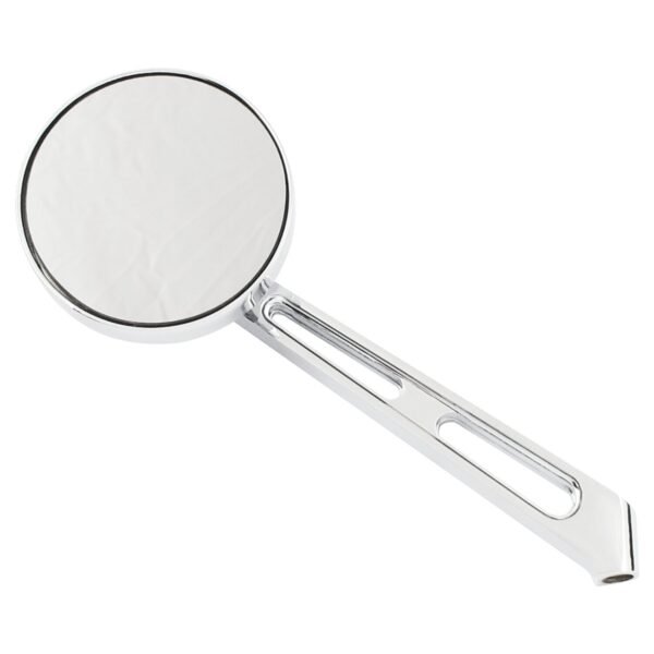 Mini-round aluminum mirror. Chrome, long stem, l&r