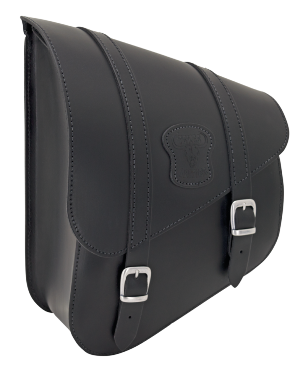Texas Leather Softail swing arm bag - black leather, matte buckles, long straps