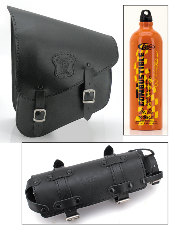 Texas Leather Softail swing arm bag - fuel bottle holder included Texas Leather Softail swing arm bag - fuel bottle holder included