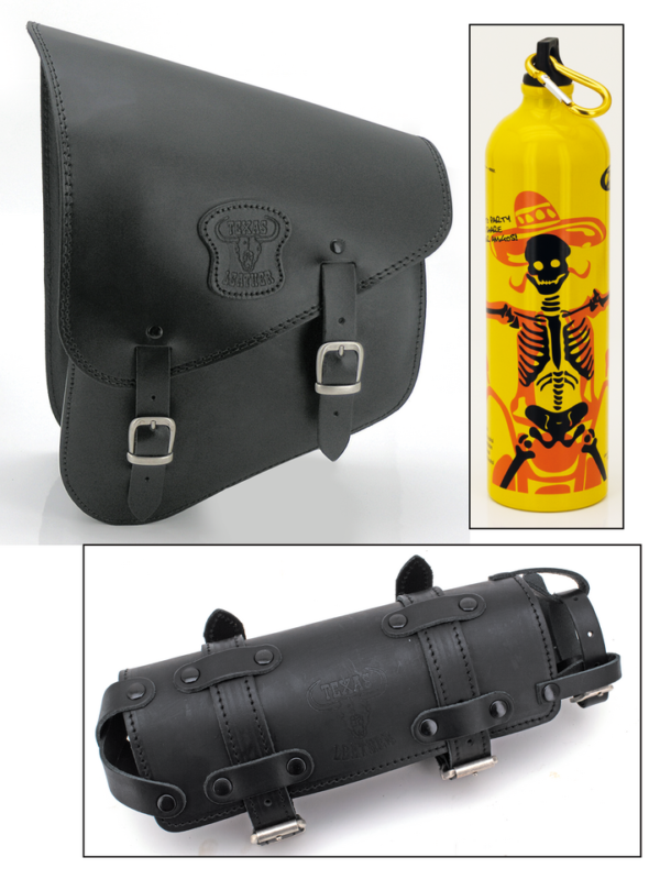 Texas Leather Softail swing arm bag - Chuchaqui drink bottle included Texas Leather Softail swing arm bag - Chuchaqui drink bottle included
