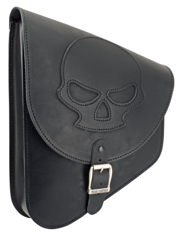 Texas Leather Softail swing arm bag - black leather with skull Texas Leather Softail swing arm bag - black leather with skull